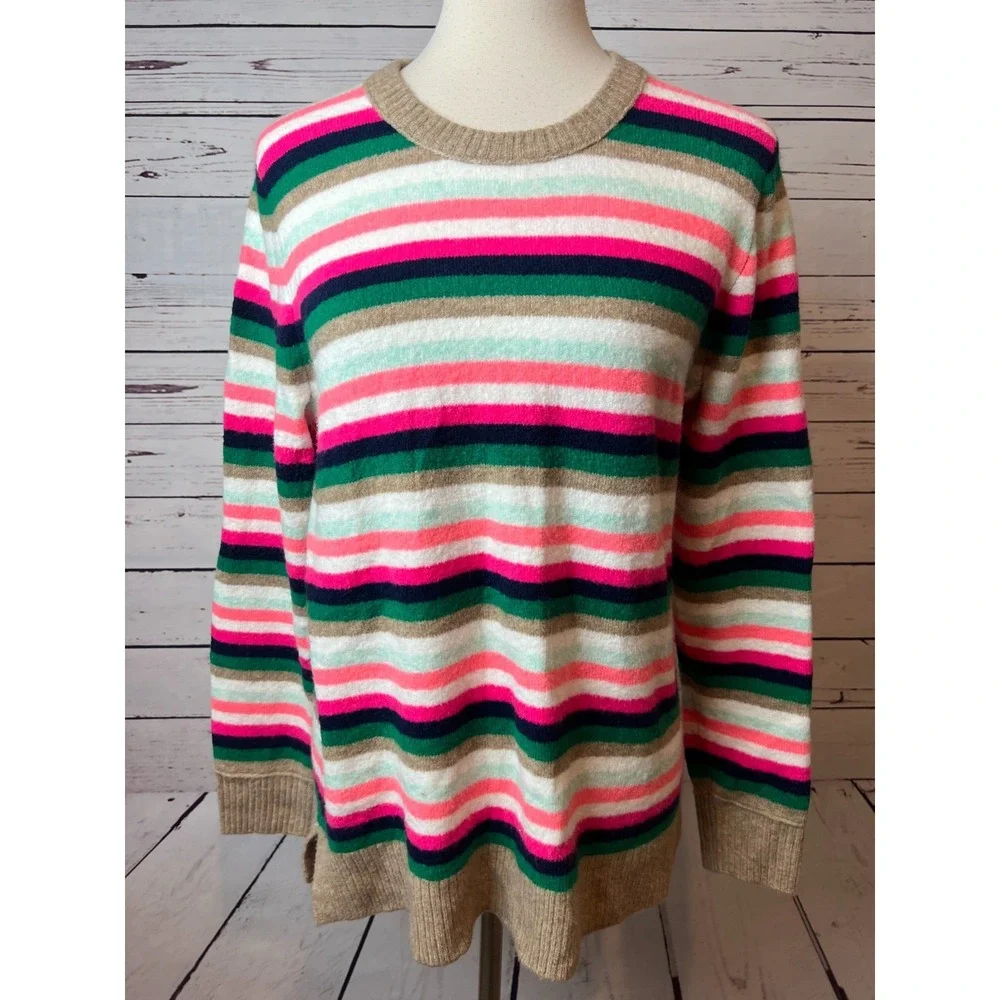 J Crew Pullover Sweater Womens Medium Extra Soft Yarn Rainbow Striped Wool Blend